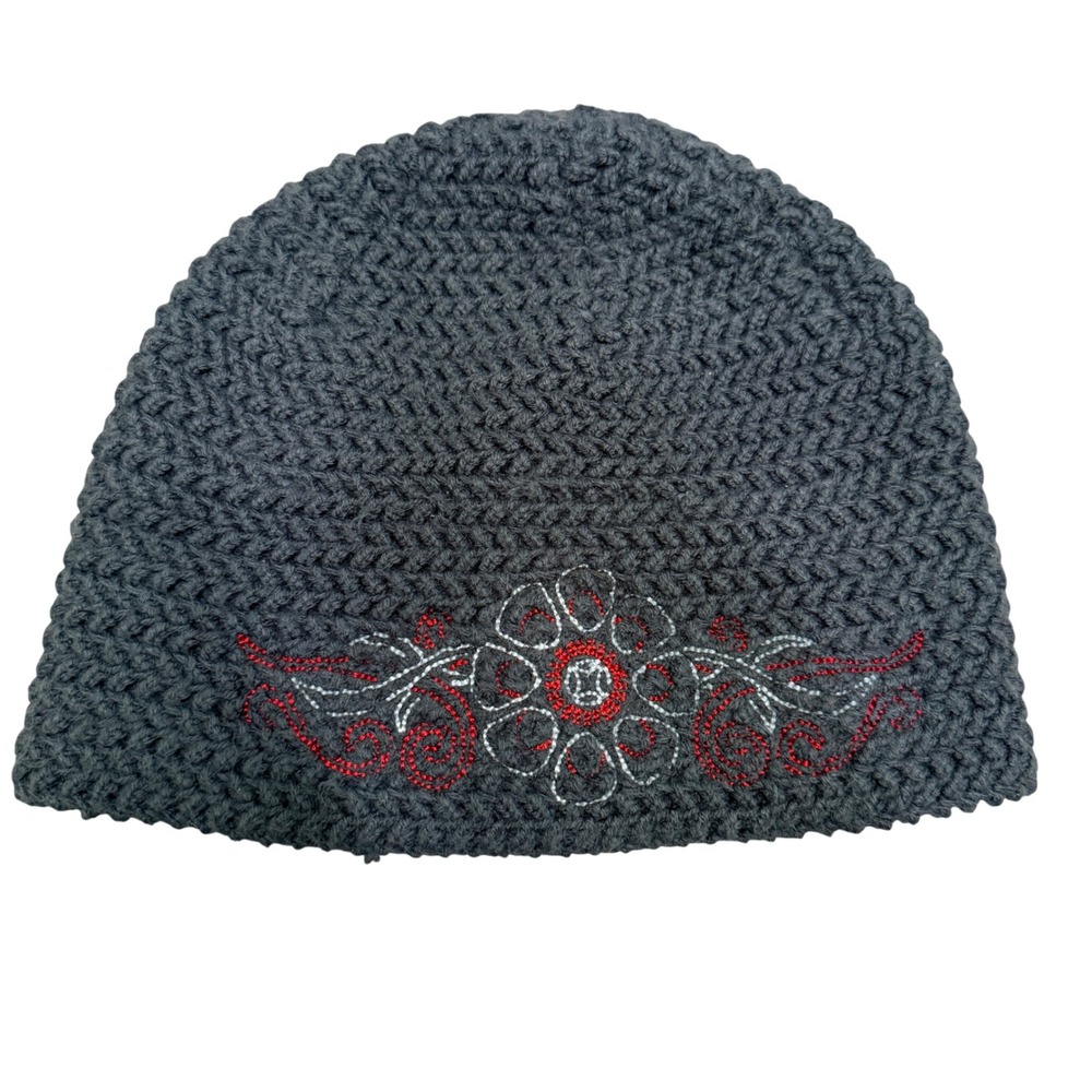 Columbia Beanie Women O/S Grey Floral Embroidered Knit Winter Hat CL9683